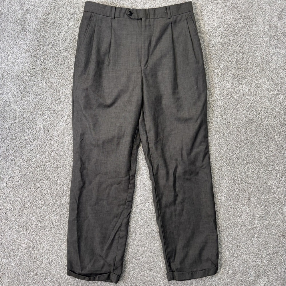 Stafford Wool Dress Pants Mens 34x32 Pleated Cuffed Brown EUC